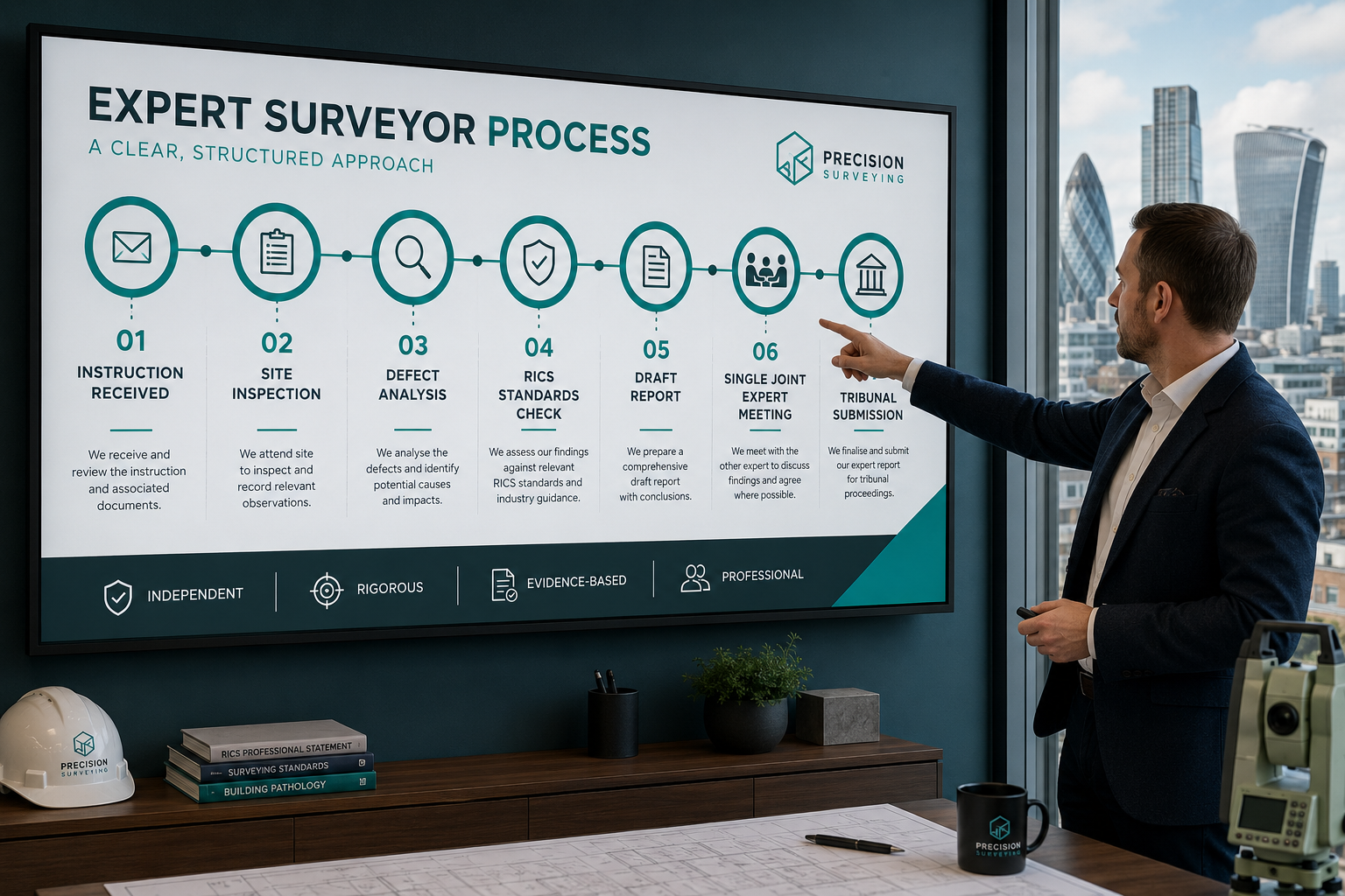 () infographic-style scene showing a timeline flowchart on a digital screen mounted in a modern surveyor's office: stages