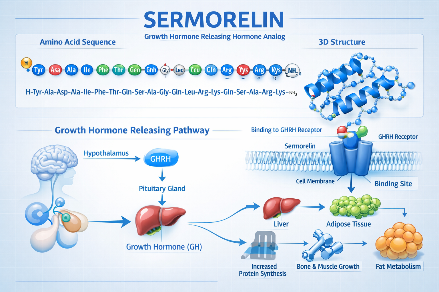 Scientific infographic showing Sermorelin peptide molecular structure with amino acid sequence visualization, 3D protein folding diagram, gr