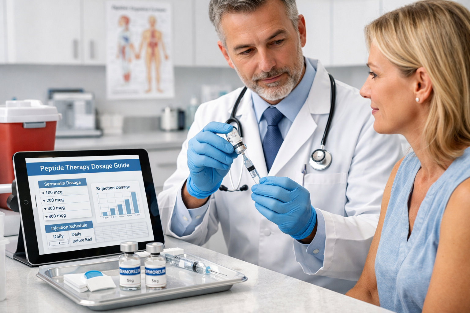 Professional medical consultation scene showing peptide therapy administration, modern clinic setting with Sermorelin vials, injection prepa