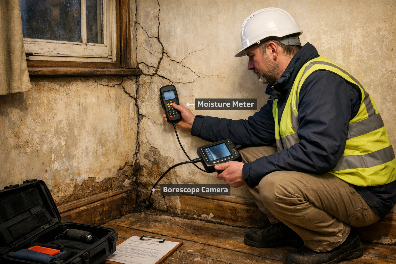 Wide-angle editorial photograph () of a professional building surveyor crouching at the base of a cracked masonry wall