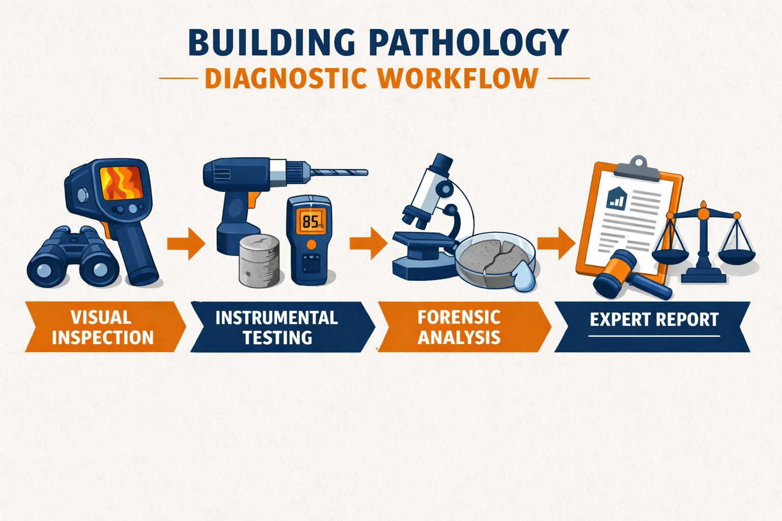 Overhead bird's-eye editorial illustration () showing a structured diagnostic workflow diagram for building pathology: four