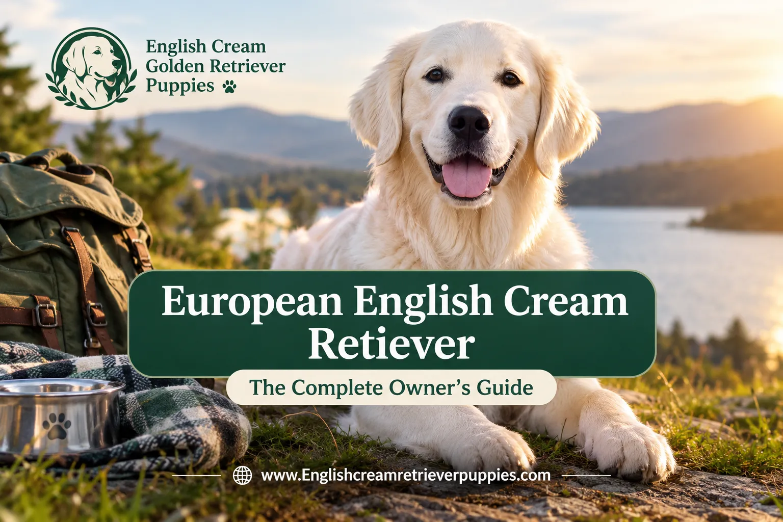 A reading "European English Cream Retiever". CRITICAL TYPOGRAPHY RULES: render the text on 1–2 lines, centered, with
