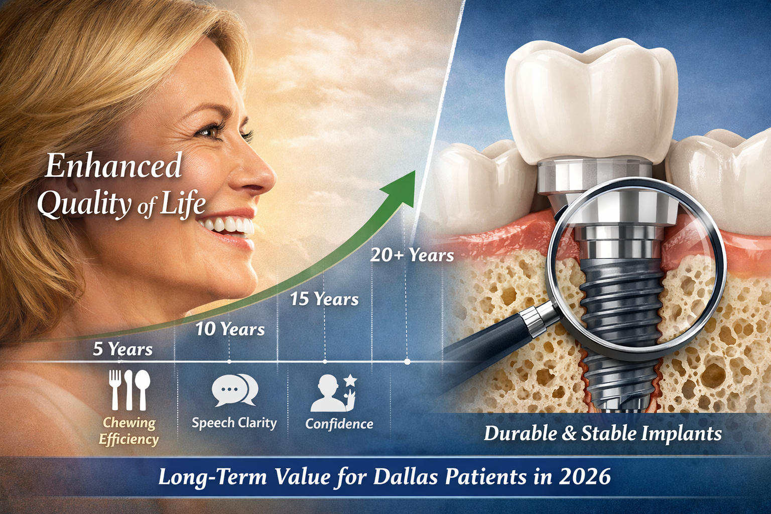 Landscape format (1536x1024) image illustrating the concept of long-term value in dental implants. On one side, a healthy, smiling patient p