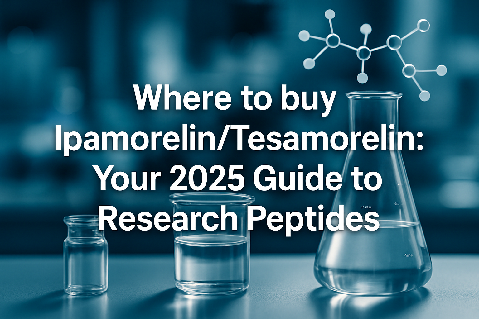 Professional landscape hero image (1536x1024) with bold text overlay: 'Where to buy Ipamorelin/tesa: Your 2025 Guide to Research Pept