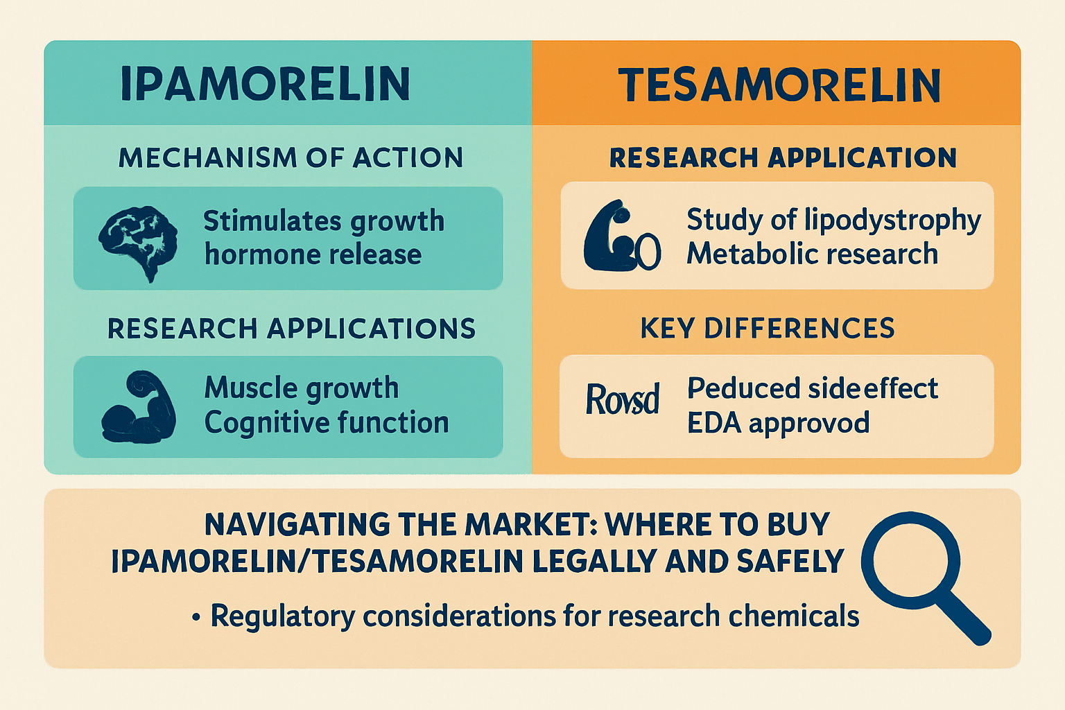 An illustrative chart (1536x1024) comparing the characteristics of Ipamorelin and tesa, showing their respective mechanisms of action