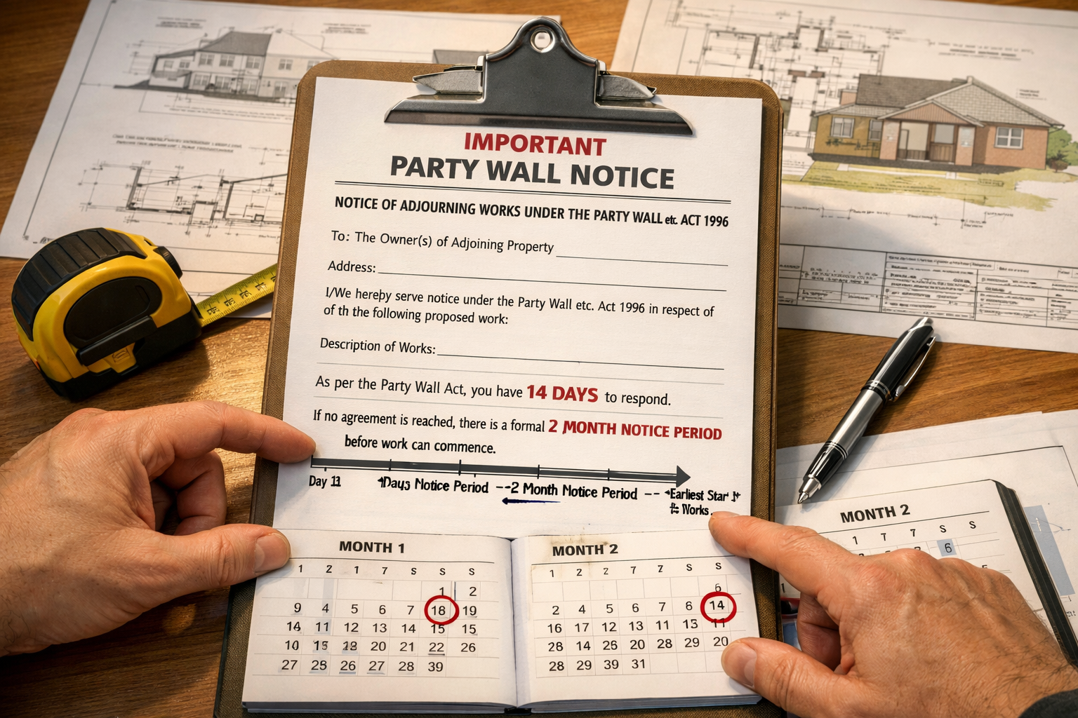 Detailed () image showing close-up of official party wall notice document on clipboard with two-month timeline calendar