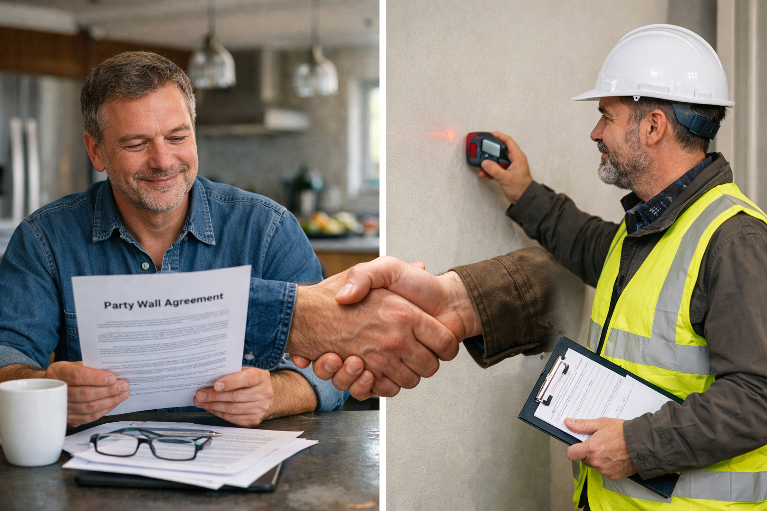 () split-screen composition showing before-and-after scenarios: left side depicts neighbor reviewing party wall agreement