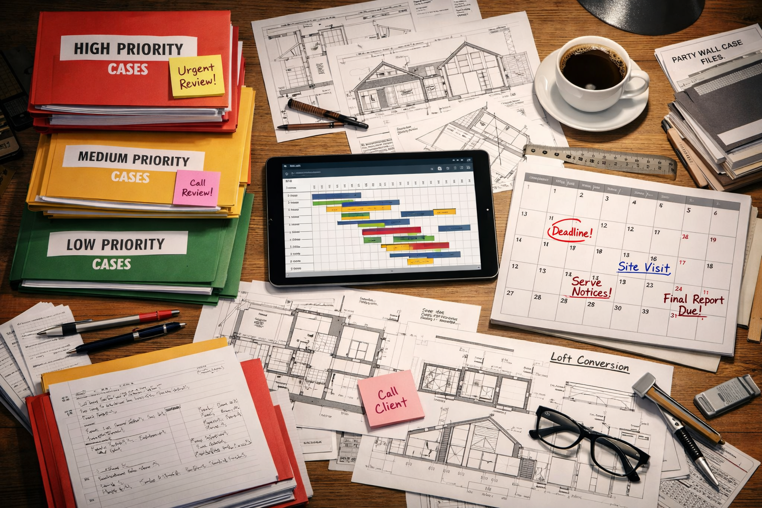 () aerial view of busy surveyor's office desk with multiple party wall case files organized in priority stacks, digital