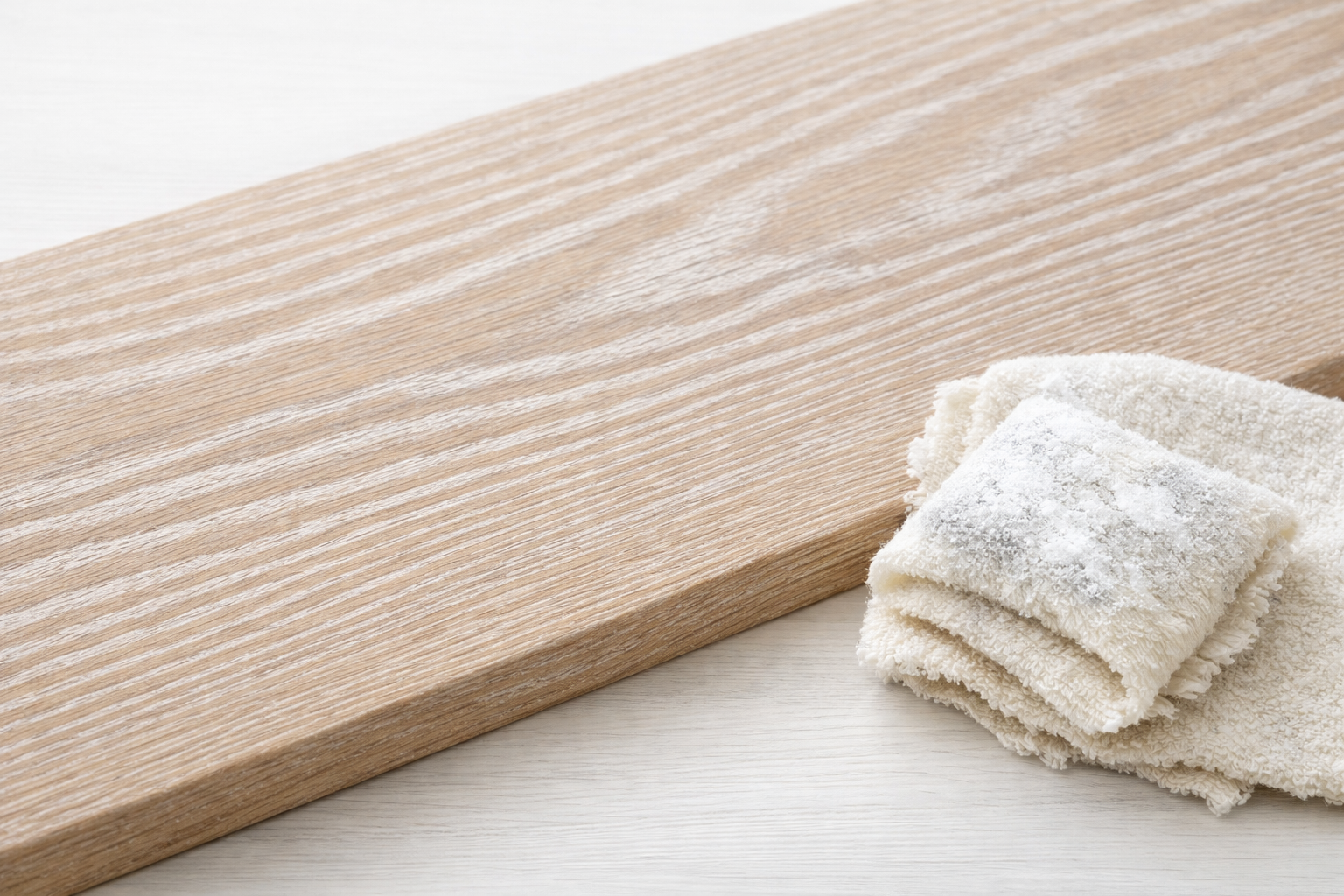 A detailed landscape photograph () focusing on a piece of oak or ash wood meticulously treated with liming wax. The image