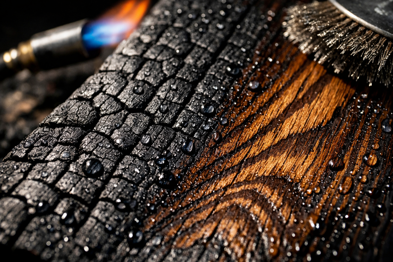 A dramatic, close-up landscape photograph () illustrating the intricate, textured surface of wood treated with the Shou Sugi