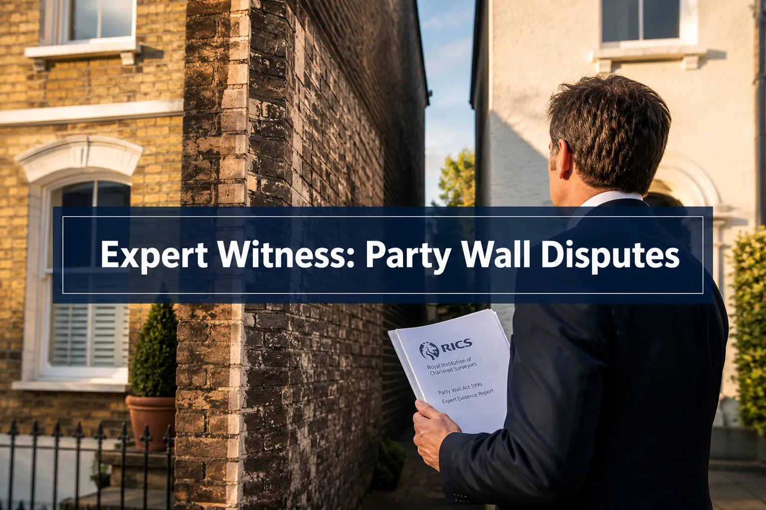 Professional () hero image with (≤42 chars): 'Expert Witness: Party Wall Disputes' in crisp white on a deep navy