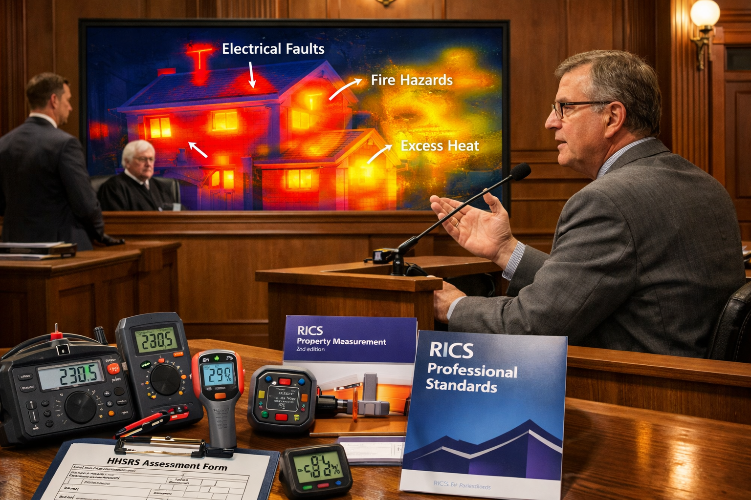 () detailed courtroom scene showing expert witness testifying at stand with RICS professional standards documentation