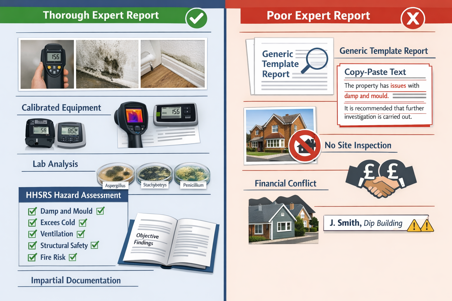 () split-screen infographic showing contrasting expert witness report quality: left side displays proper methodology with