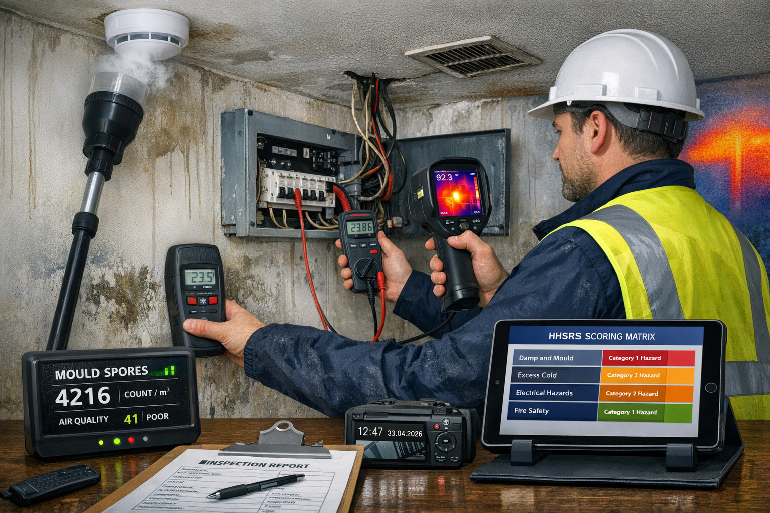 () technical assessment scene inside rental property showing surveyor conducting comprehensive hazard evaluation under