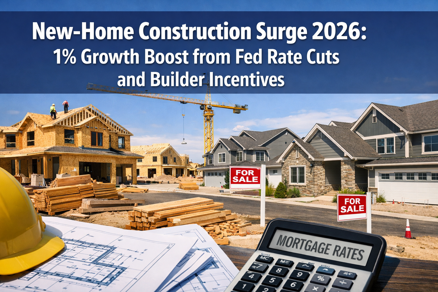 Professional landscape format (1536x1024) hero image featuring bold text overlay 'New-Home Construction Surge 2026: 1% Growth Boost from Fed
