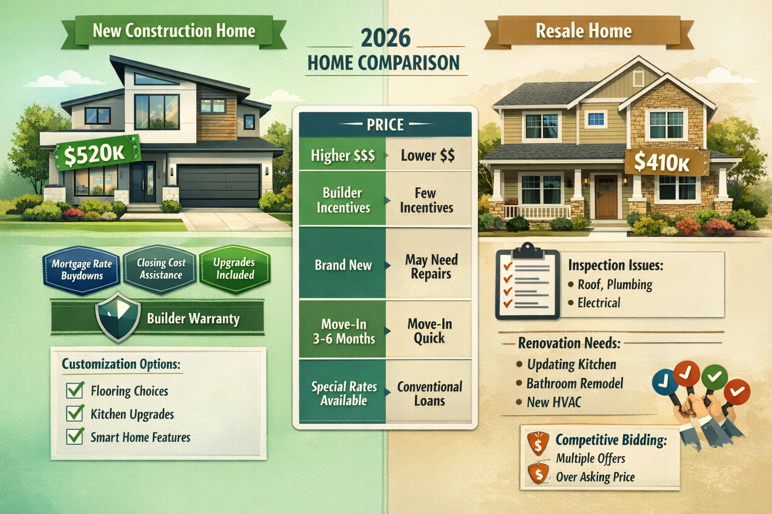 Landscape format (1536x1024) detailed infographic showing side-by-side comparison of new construction homes versus resale homes in 2026. Lef