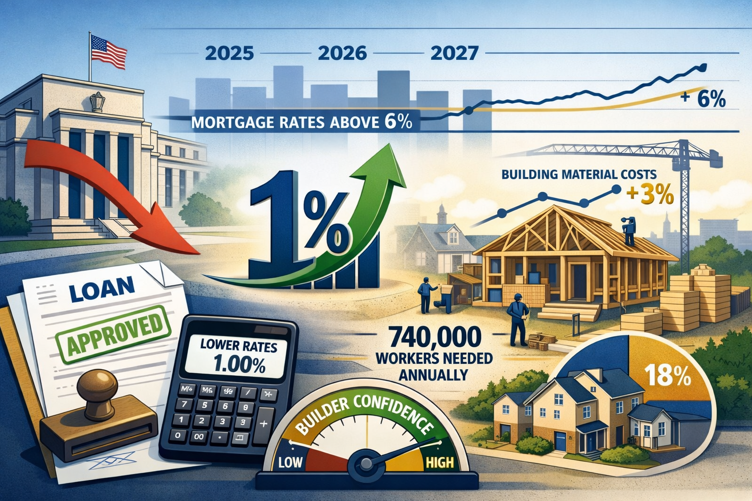 Landscape format (1536x1024) conceptual illustration showing Federal Reserve building on left with downward-trending interest rate arrow flo