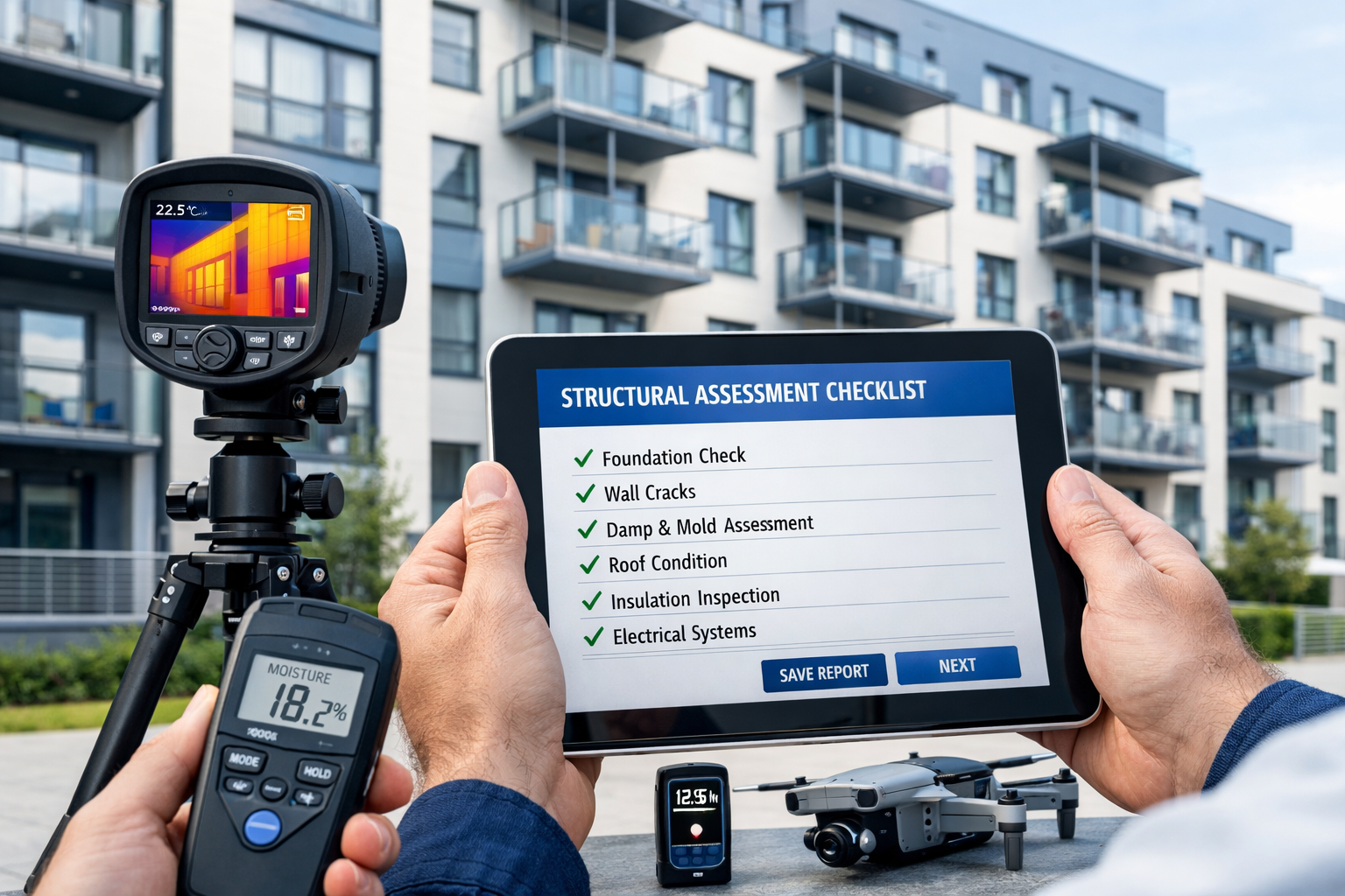 Detailed landscape format (1536x1024) image showing professional building surveyor conducting comprehensive property inspection of instituti