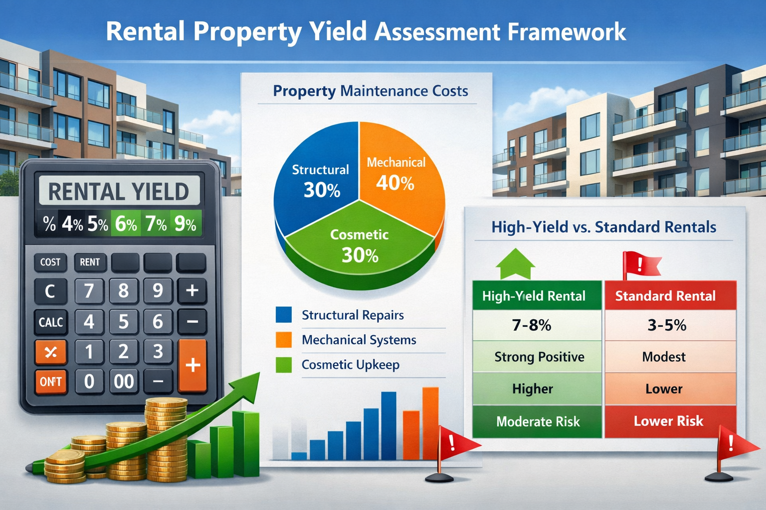 Landscape format (1536x1024) infographic-style image displaying yield assessment framework for rental properties, split-screen composition s