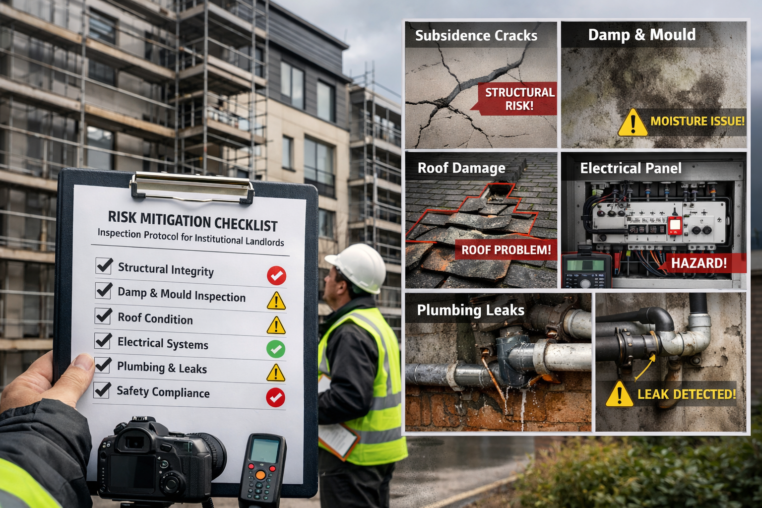 Landscape format (1536x1024) detailed image showing risk mitigation checklist for institutional landlords, professional surveyor examining b