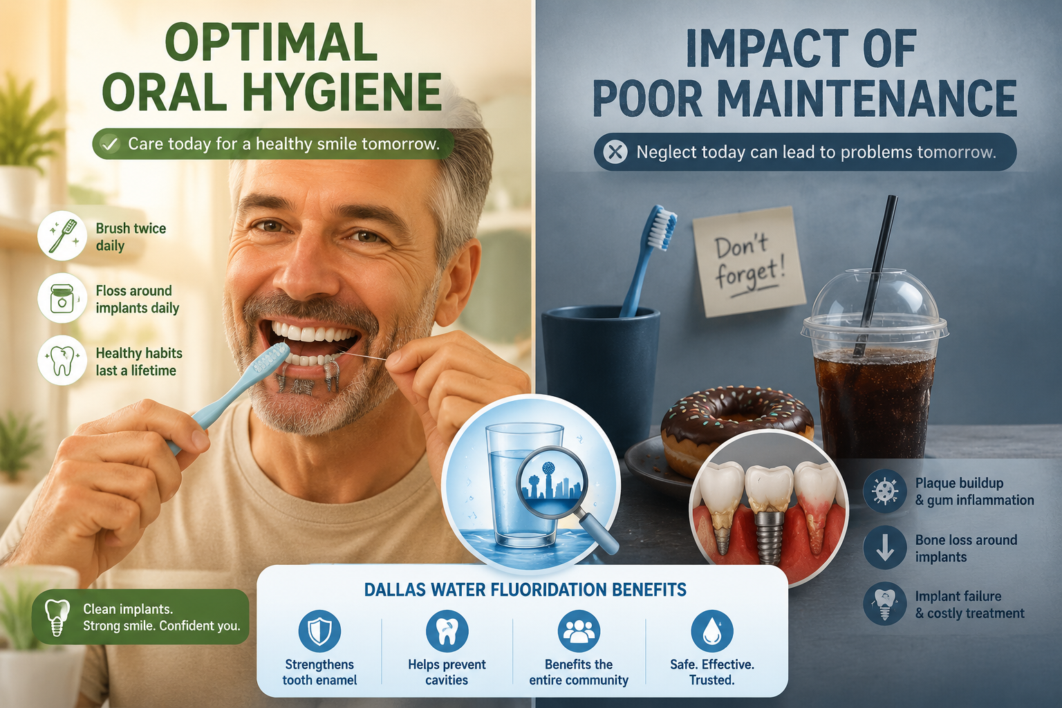 A visually engaging split image in () comparing two scenarios. On one side, a patient diligently brushing and flossing