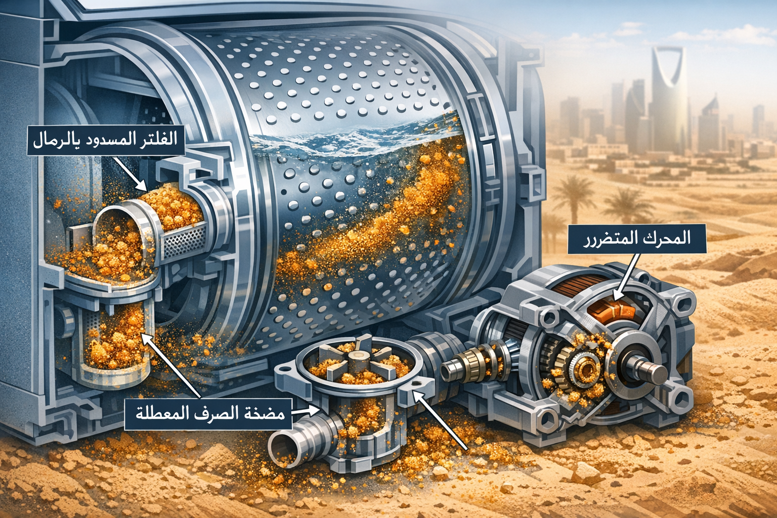 Detailed () close-up technical illustration showing cross-section of automatic washing machine drum and motor with fine