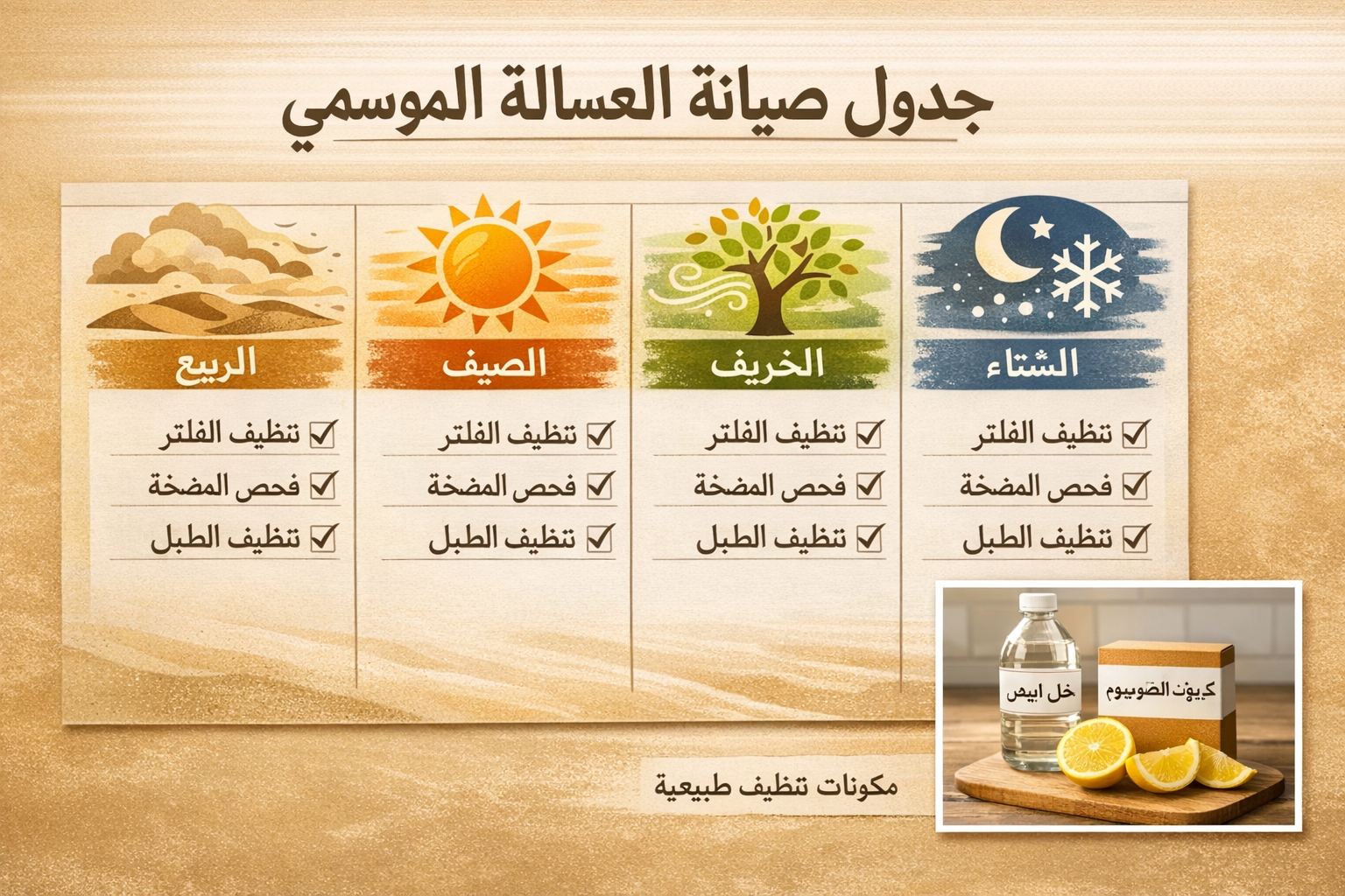 Detailed () showing a seasonal maintenance calendar infographic in Arabic, displayed as a wall chart with four seasons