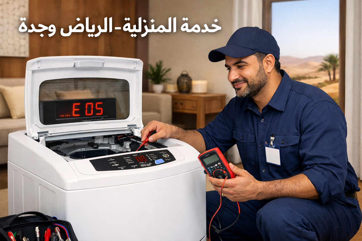 Detailed () showing a professional appliance technician in uniform kneeling beside a top-load washing machine inside a
