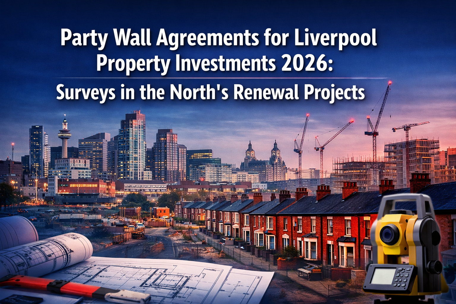 Professional landscape format (1536x1024) hero image with bold text overlay 'Party Wall Agreements for Liverpool Property Investments 2026: