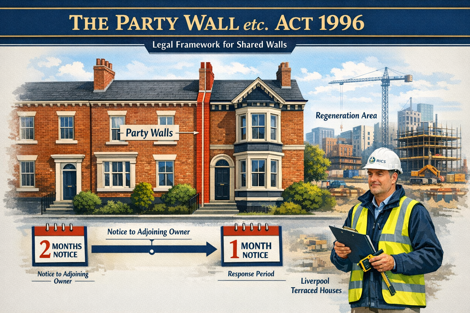 Detailed landscape format (1536x1024) illustration showing Party Wall Act 1996 legal framework with visual diagram of terraced houses in Liv