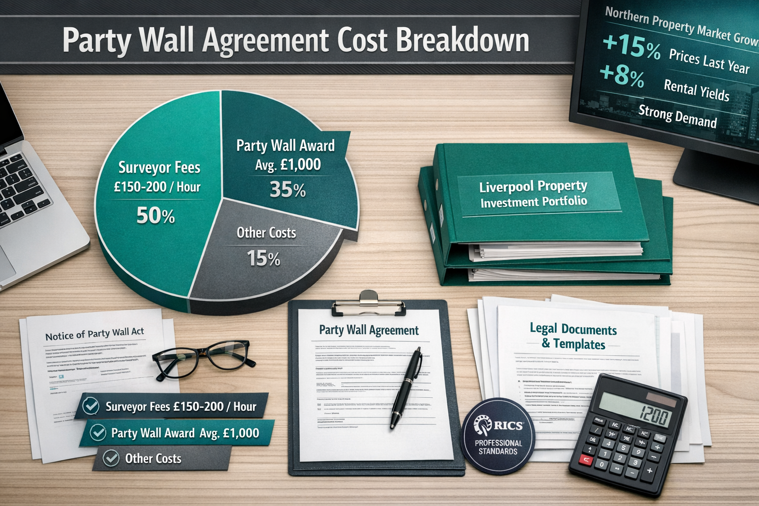 Comprehensive landscape format (1536x1024) infographic-style image showing party wall agreement cost breakdown with pie chart displaying sur