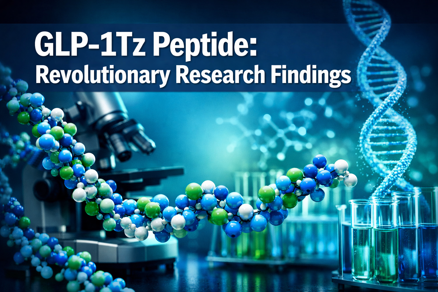 Professional landscape hero image (1536x1024) featuring bold text overlay 'GLP-1Tz Peptide: Revolutionary Research Findings' in extra large 