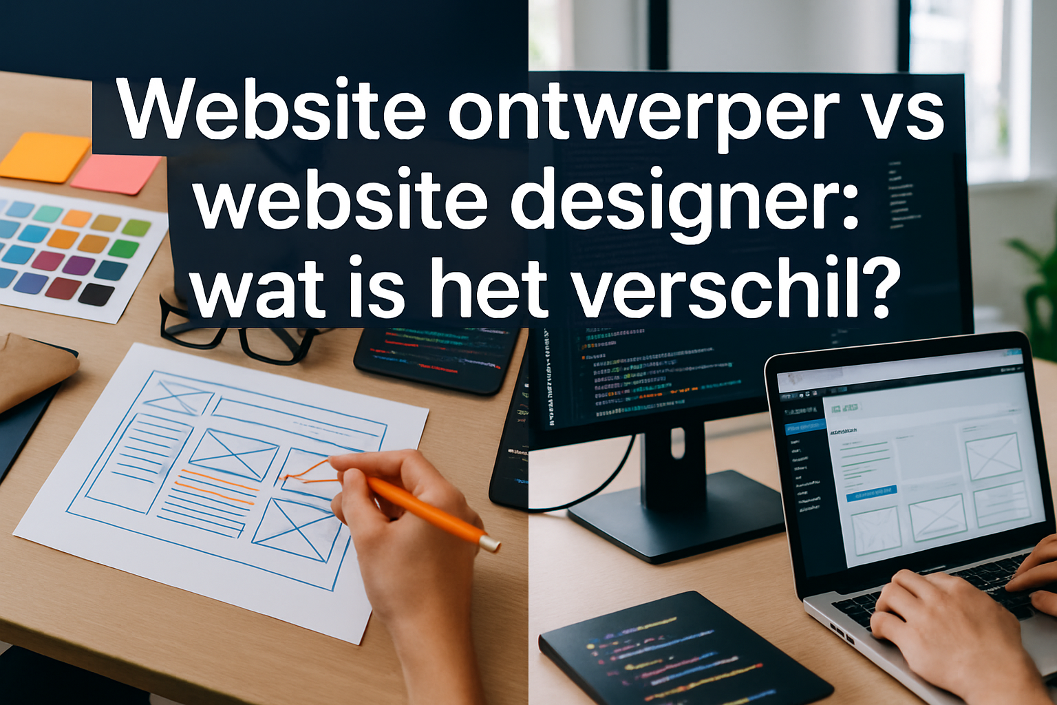 Professional landscape hero image (1536x1024) featuring bold text overlay 'Website ontwerper vs website designer: wat is het verschil?' in e