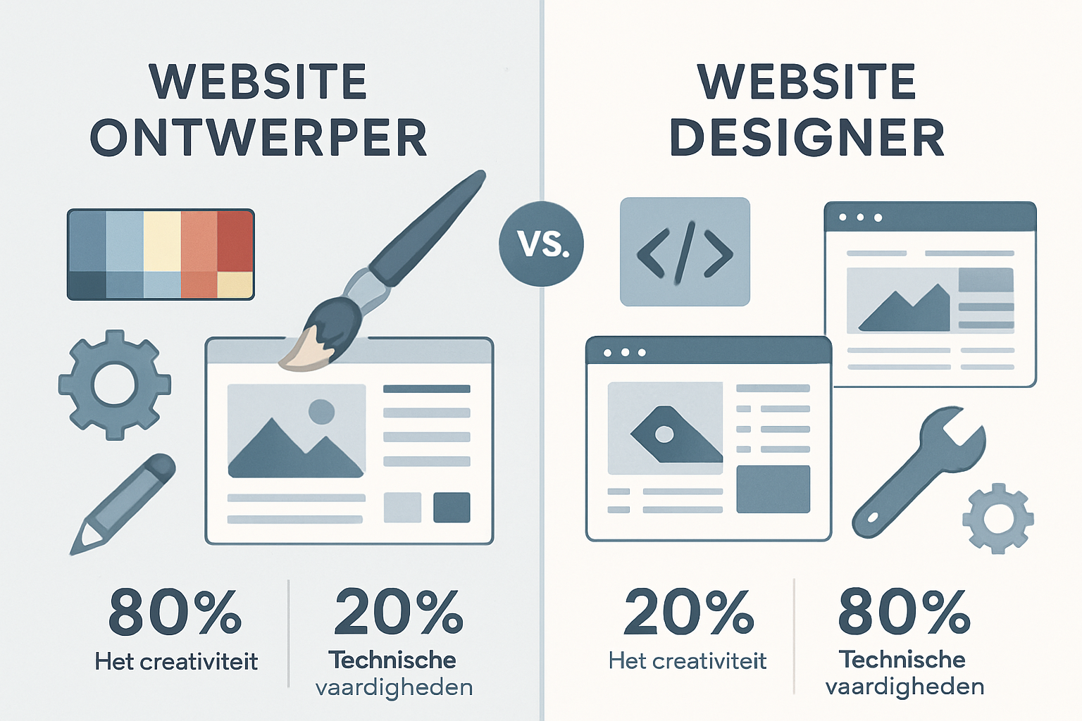 Split-screen editorial infographic comparing website ontwerper and website designer roles, left side featuring creative design tools and col