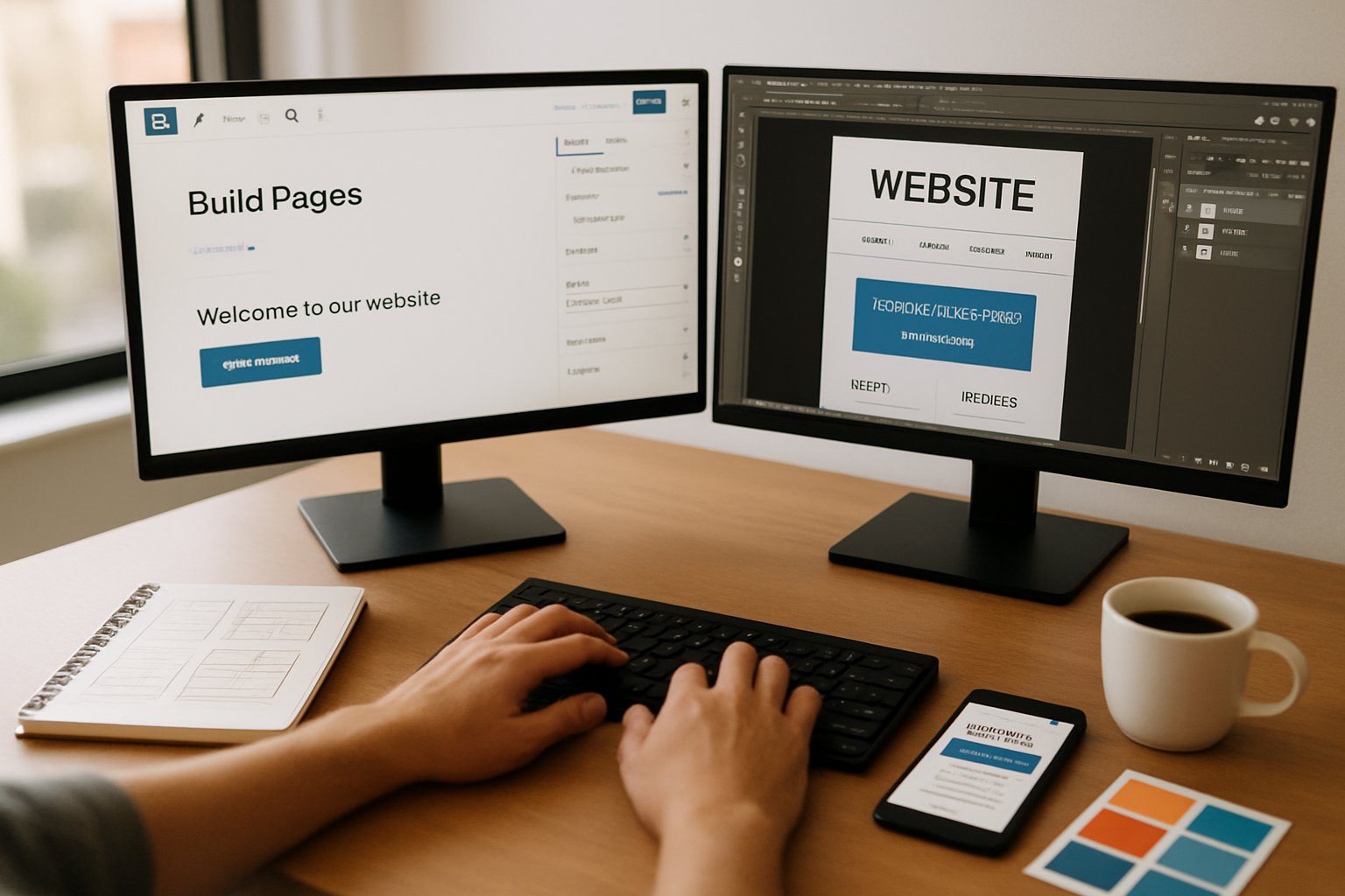 Professional workspace photograph (1536x1024) showing dual monitor setup displaying WordPress website builder interface on one screen and gr