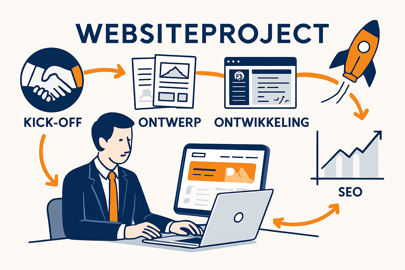 Editorial-quality conceptual illustration (1536x1024) depicting website project workflow from concept to launch. Visual timeline showing sta