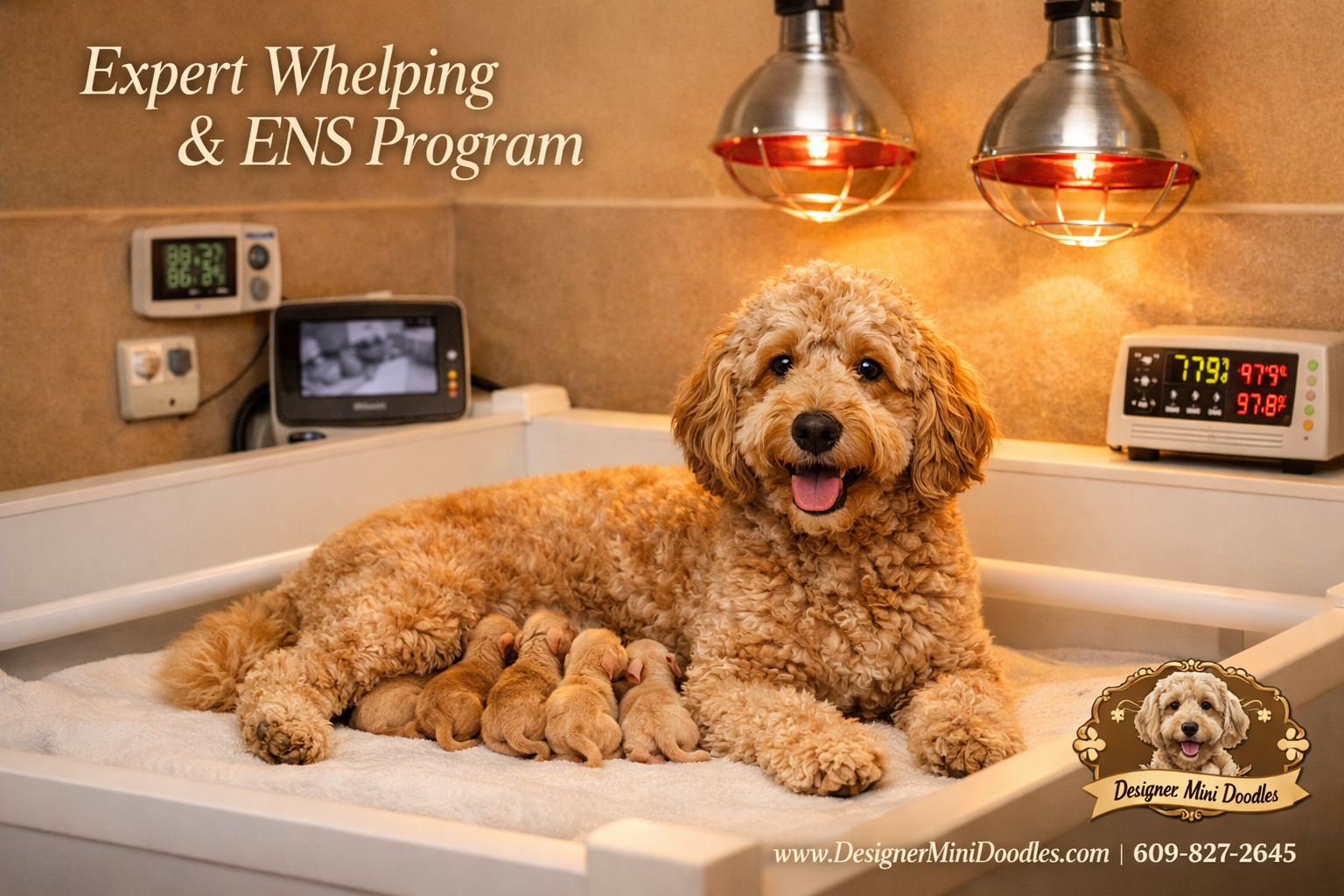 () warm photo-realistic scene of a professional whelping room with a mother goldendoodle nursing tiny micro teacup