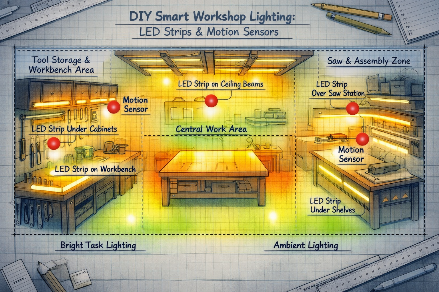 () editorial image depicting a detailed overhead view of a workshop layout diagram, highlighting different zones with