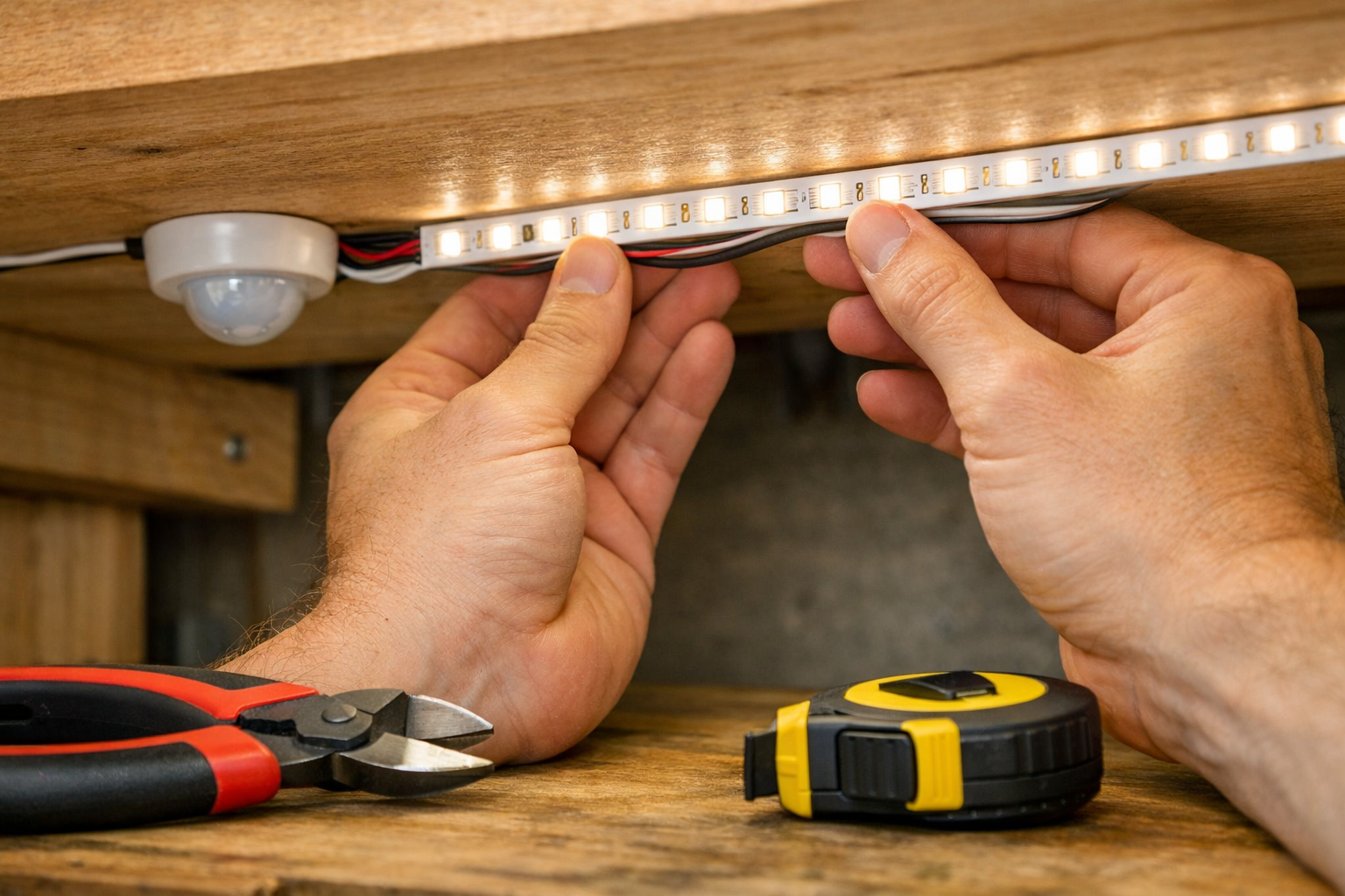 () editorial image featuring a close-up, hands-on shot of a person installing LED strips under a workbench in a workshop.
