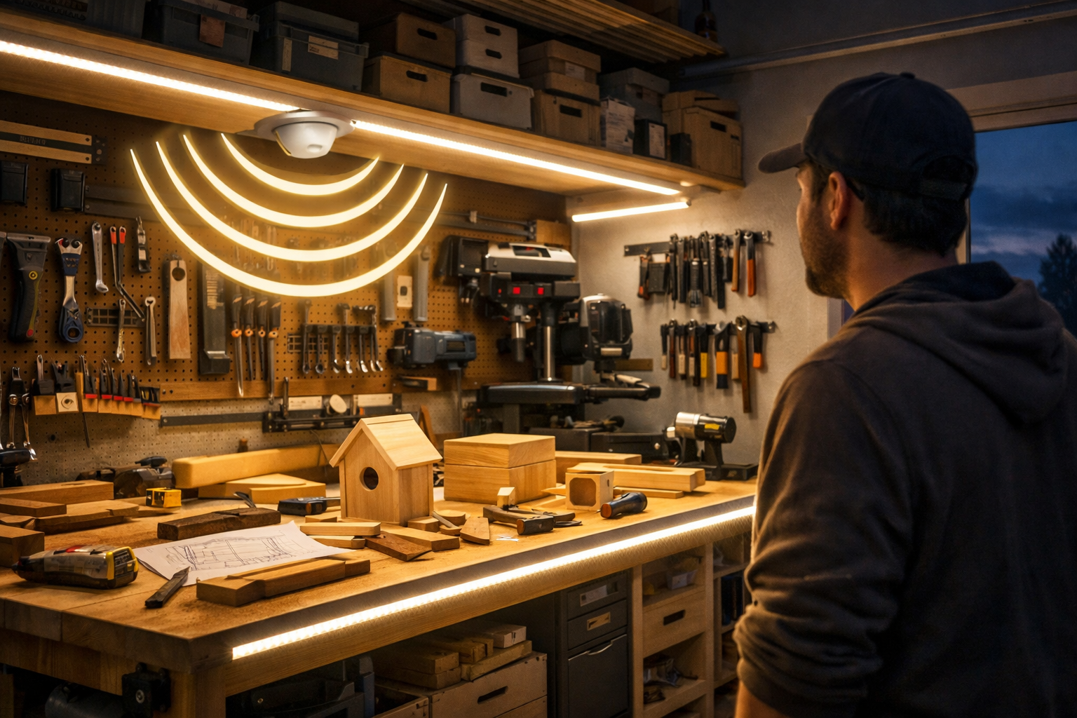 () editorial image showcasing the finished smart workshop lighting system in action. The image captures a workshop at dusk,