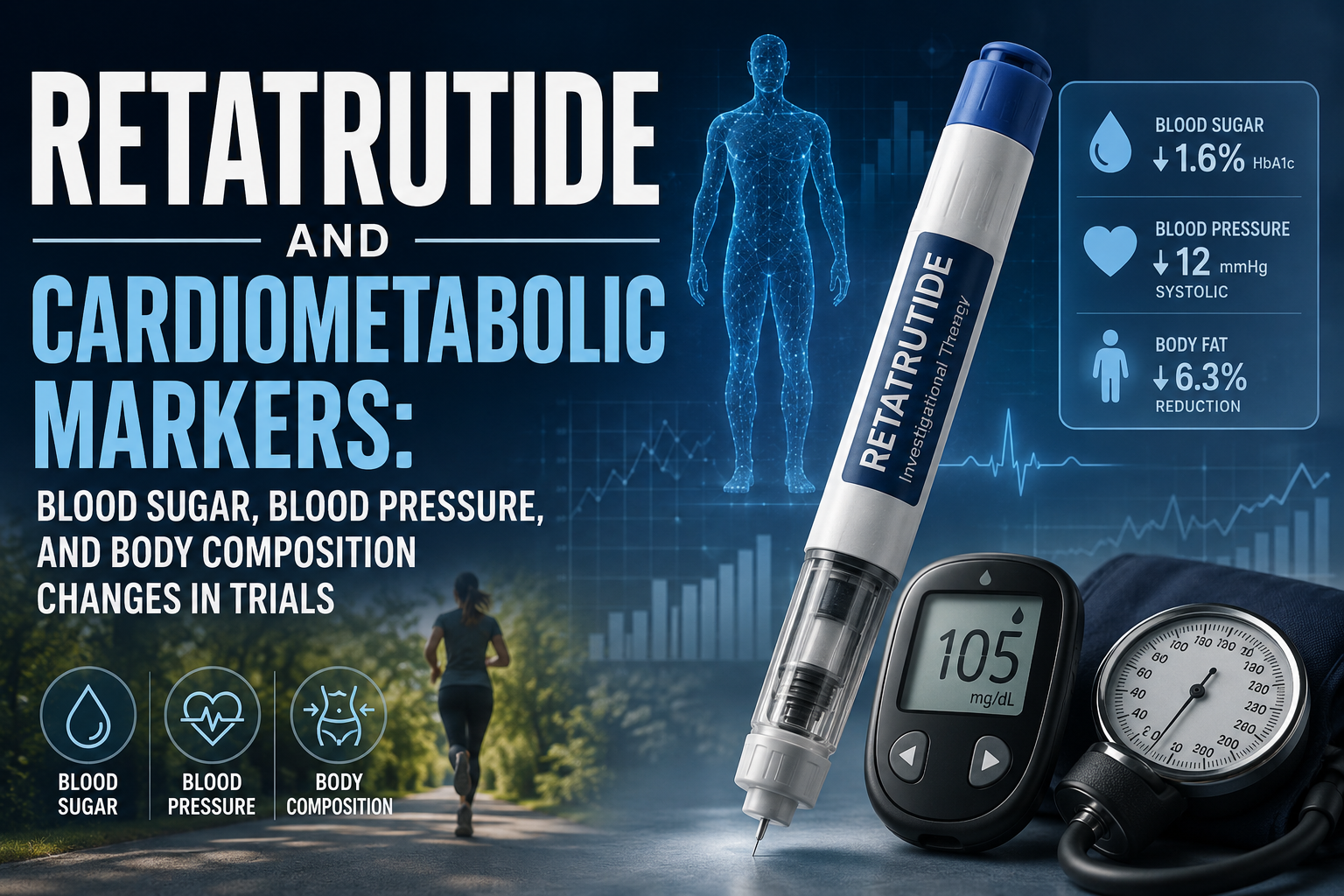 Professional landscape hero image () with : "Retatrutide and Cardiometabolic Markers: Blood Sugar, Blood Pressure, and Body