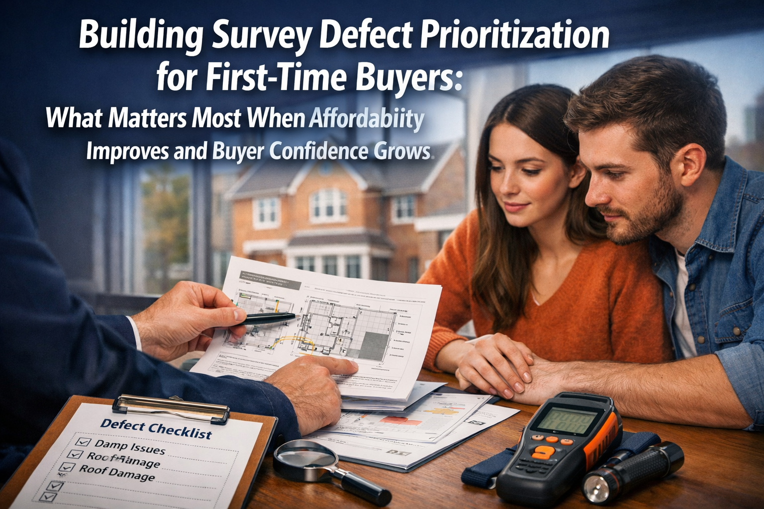 Professional () hero image featuring 'Building Survey Defect Prioritization for First-Time Buyers: What Matters Most When