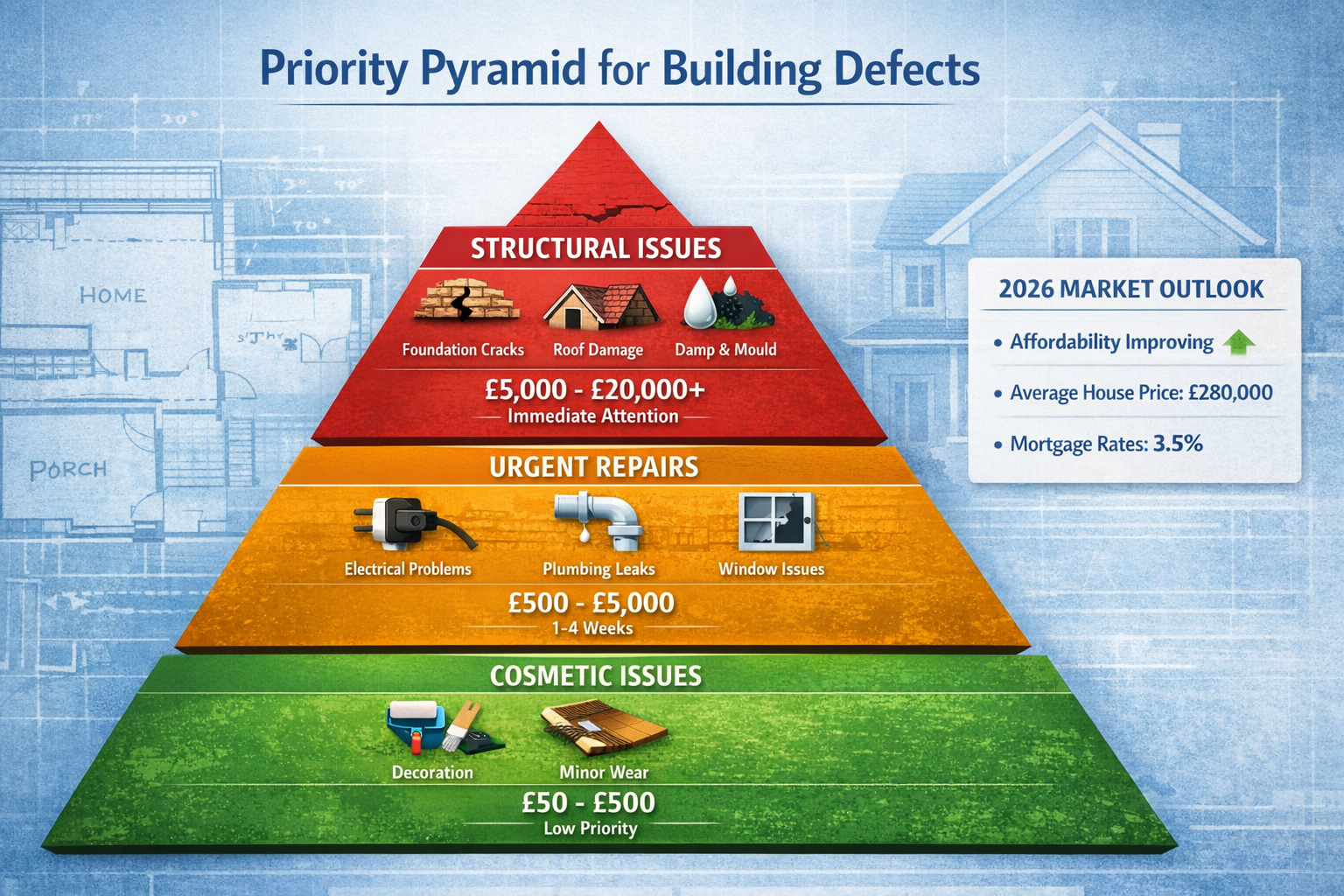 () detailed infographic showing three-tier priority pyramid for building defects: top tier in red showing structural issues