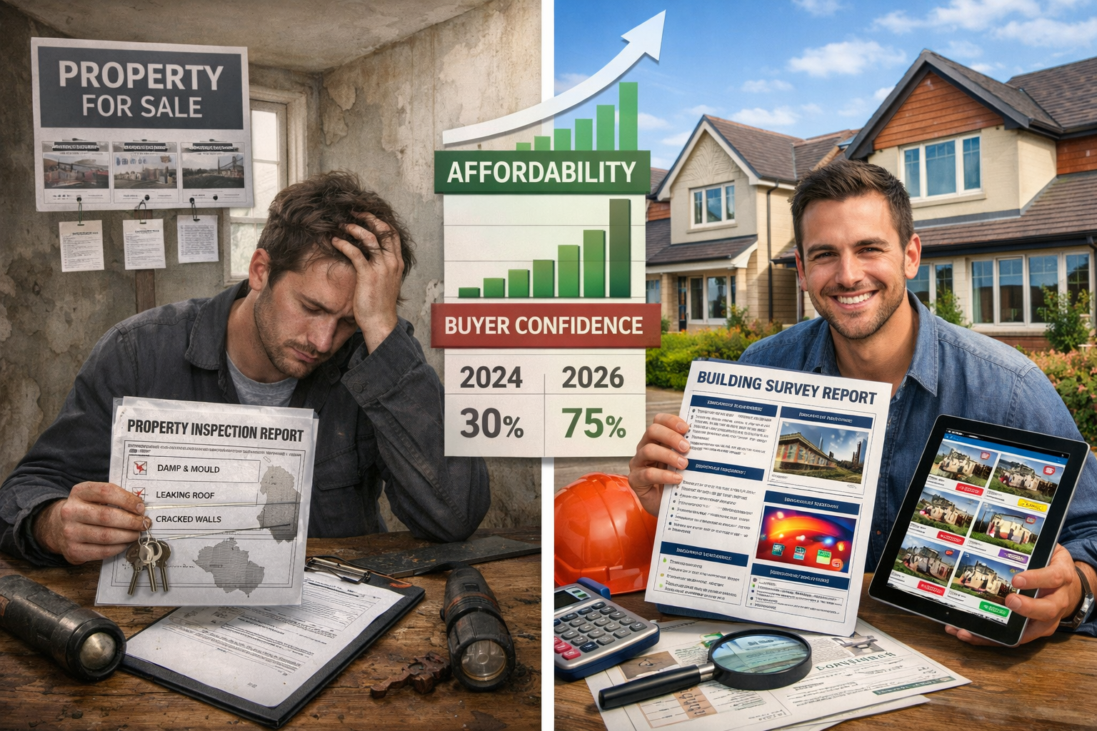 () split-screen comparison image showing two scenarios: left side depicts stressed first-time buyer in 2024 accepting any