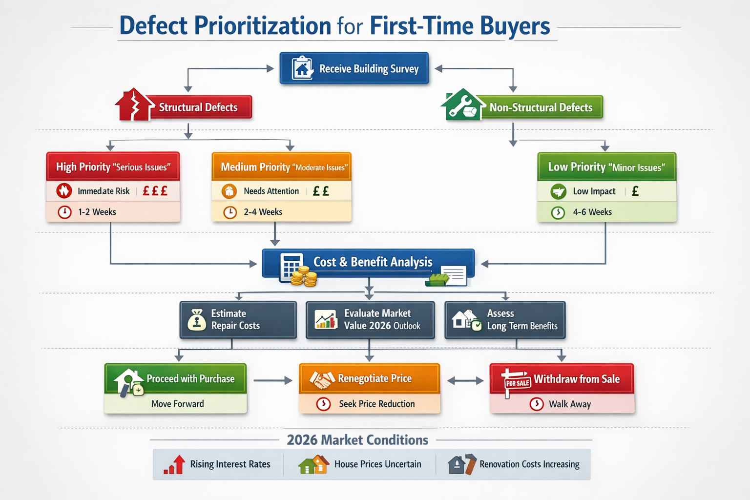 () detailed action plan flowchart for first-time buyers showing step-by-step defect prioritization process: starts with