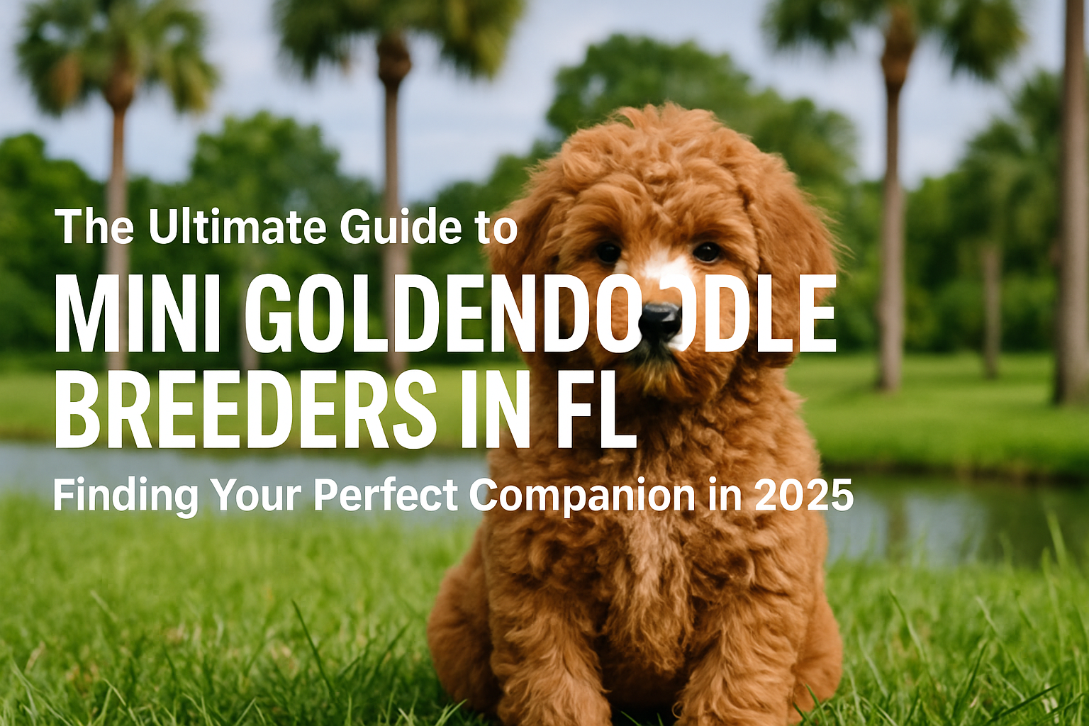 Professional landscape hero image (1536x1024) with bold text overlay: "The Ultimate Guide to Mini Goldendoodle Breeders in FL: Finding Your 