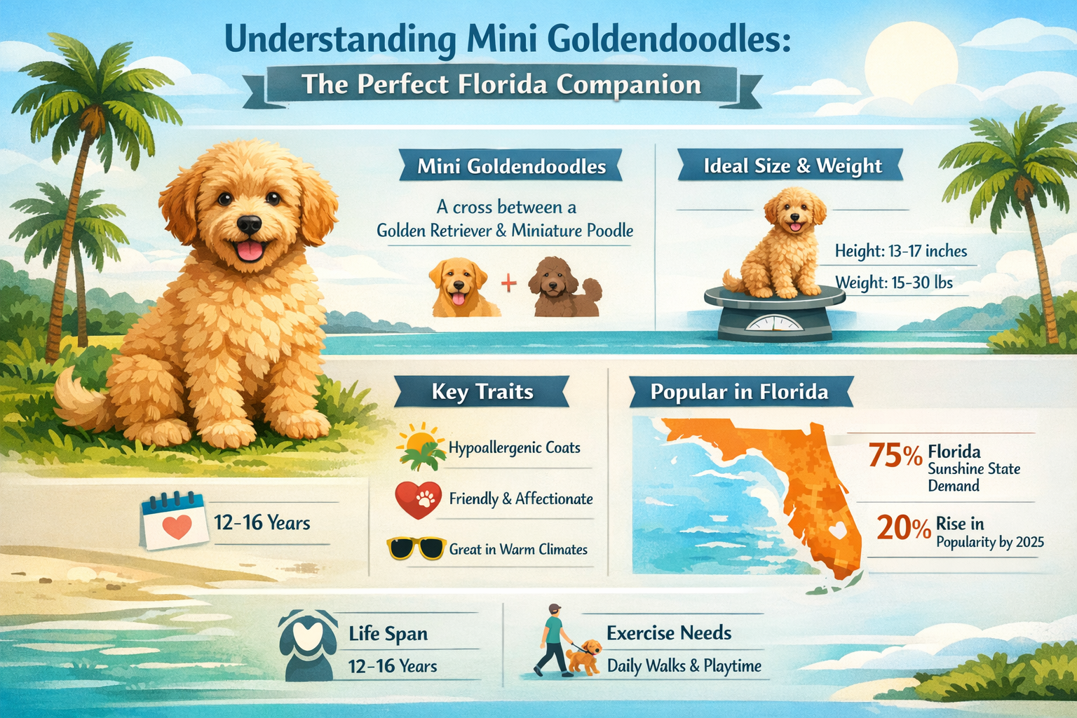 Professional landscape infographic (1536x1024) for article "The Ultimate Guide to Mini Goldendoodle Breeders in FL: Finding Your Perfect Com