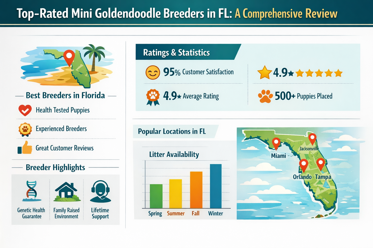 Professional landscape infographic (1536x1024) for article "The Ultimate Guide to Mini Goldendoodle Breeders in FL: Finding Your Perfect Com
