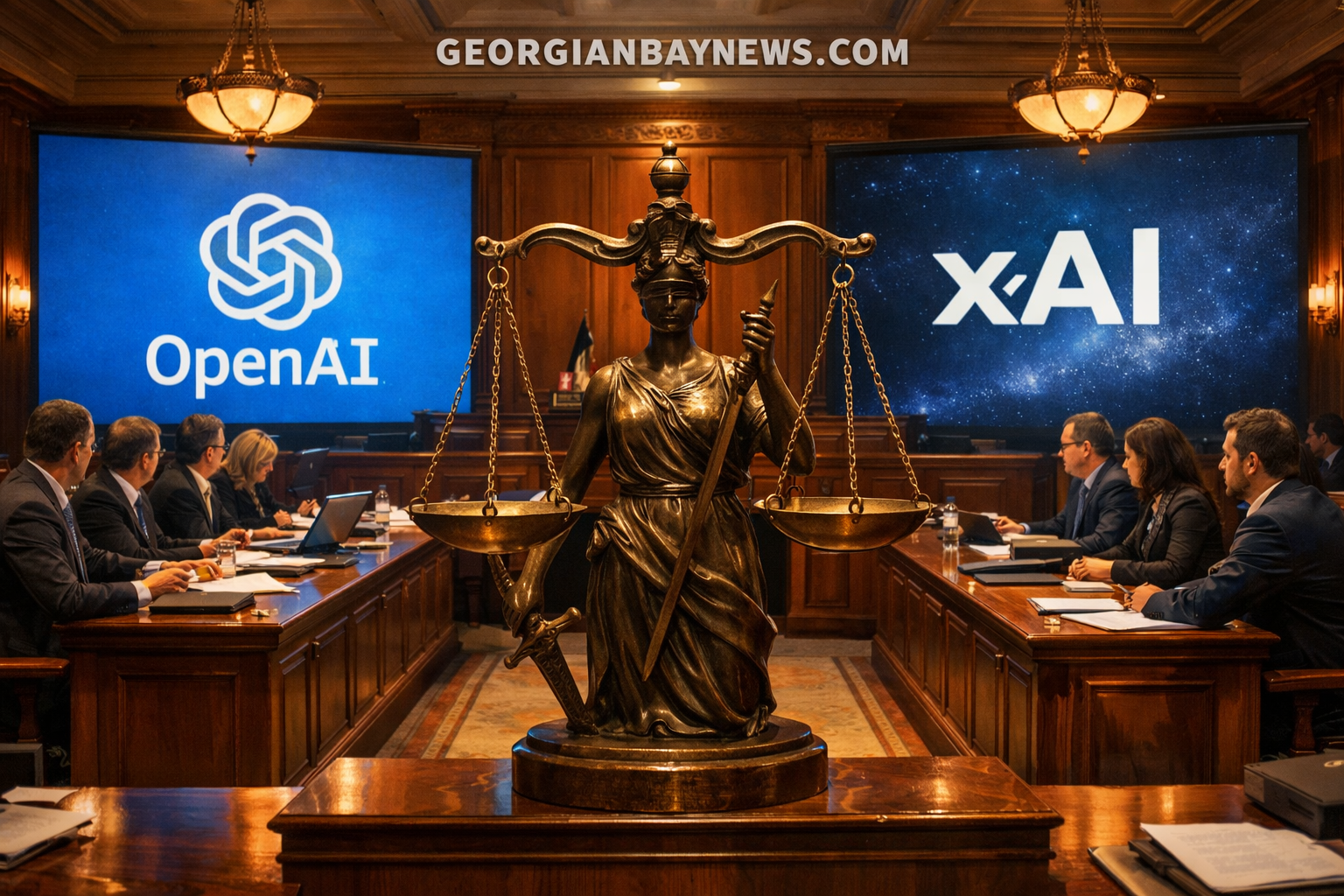 Dramatic wide-angle courtroom interior illustration showing two opposing legal teams at polished mahogany tables, with large