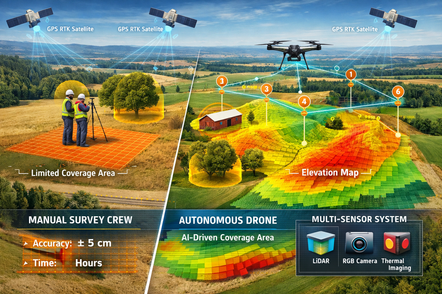 Detailed landscape format (1536x1024) image showing autonomous drone flight path technology with predictive AI system visualization. Scene d